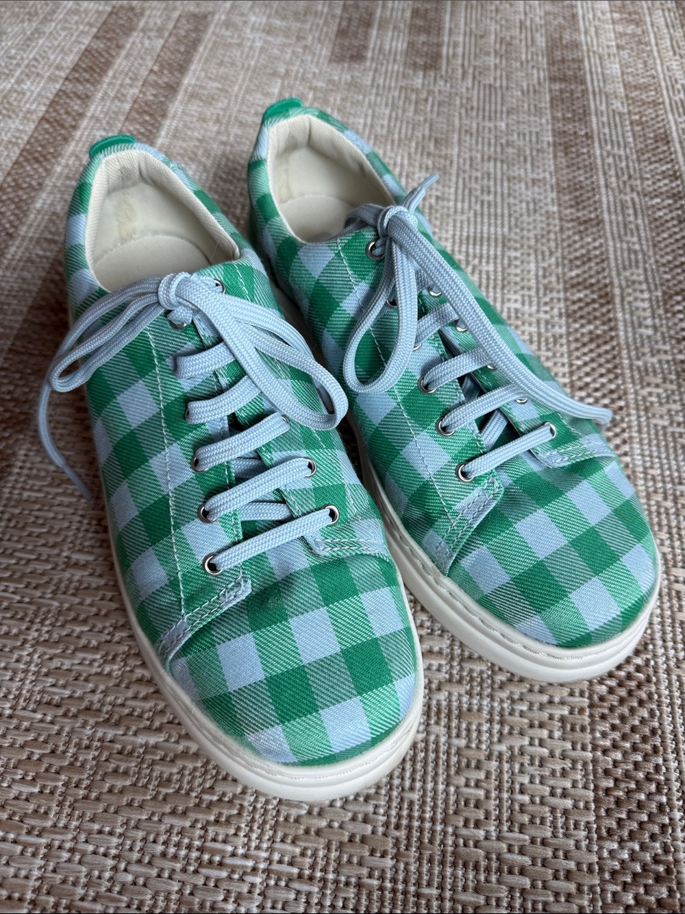 CAMPER: Women Green and Blue Gingham Canvas Sneakers